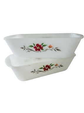 Vintage Glassbake J522 Milk Glass Loaf Bread Pans Set of 2 Red Floral Baking